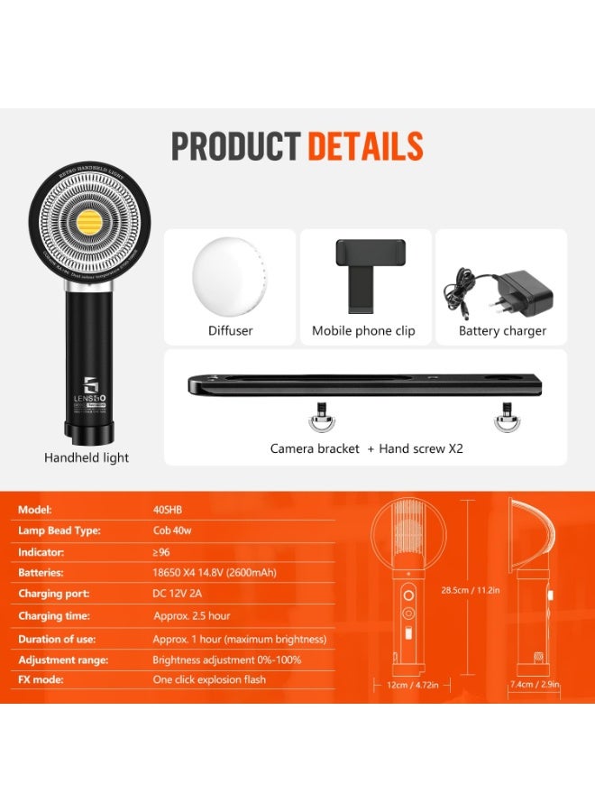 LENSGO 40SHB Retro LED Video Light 40W Bi Color Rechargeable Photography Light with Softbox Phone and Camera Stand Dimmable 0 to 100 Percent for Canon Nikon Sony Fuji Panasonic DSLR Mirrorless Cameras and Smartphones - Image 3